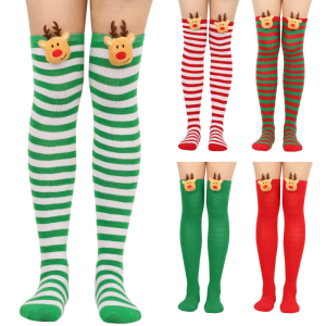 Christmas Striped Over Knee Long Socks Cute 3D Plush Elk Thigh High Stockings for Woman Clothing for Party Performance