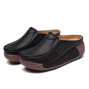 LUOXIWEI Women Wedges Shoes Solid Color Genuine Leather Casual Shoes Loafers Slip on Ladies Platform Shoes 2668