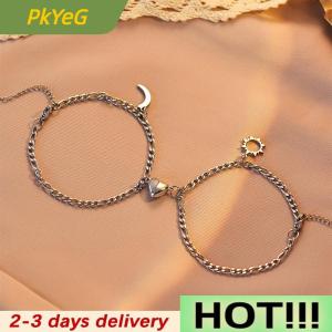 PkYeG 2PCS Stainless Steel Non-fading Hip-hop Hand Chain Love Magnet Sun Moon Bracelet For Couple Girlfriend Simple Hand Jewelry