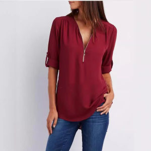 DSF Studio shirt V-neck zipper plus size womens long-sleeved elbow-sleeved loose chiffon shirt