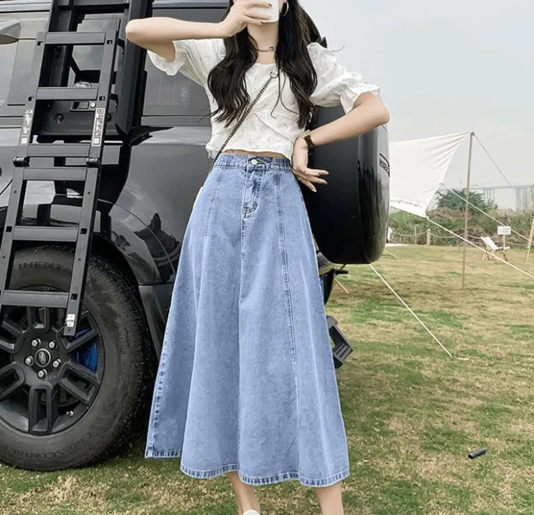 FairyTaill Vintage Splicing Long Denim Skirts Jeans Summer Elastic High  Waist Pleated Skirt Women Korean Fashion Blue Wild Simple Midi Skirt  Oversized 201D253