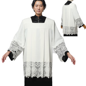 Catholic Priest Surplice Pleated Pulpit Liturgical Cotta Vestment Robe With Lace Square Neckline For Man