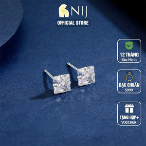 Bông Tai Đính Đá Zircon Hình Vuông Bạc Nguyên Chất S999