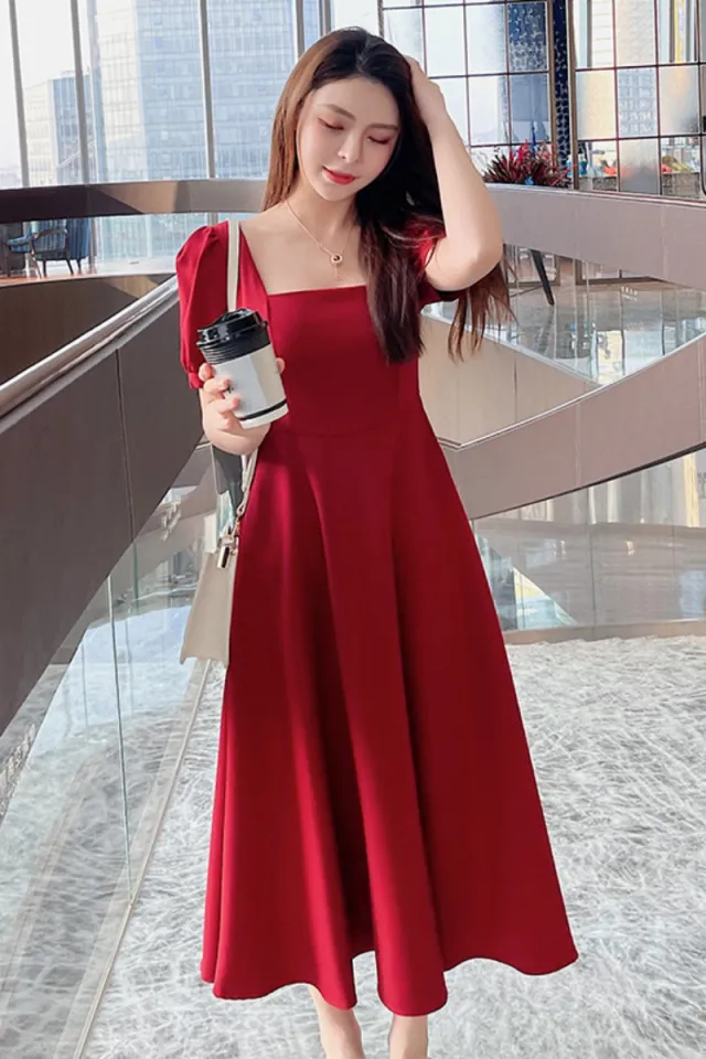 puff sleeve summer red long dress for woman casual korean black dress  formal fitted elegant green dress simple sunday trendy plain white dress  with slit cocktail dress plus size - Lazada |