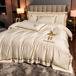 Luxury Soft 4 in 1 flat/fitted bedsheet set 60s ice silk quilt cover & bedsheet & pillow case single/Queen/King size washed silk smooth cooling feeling