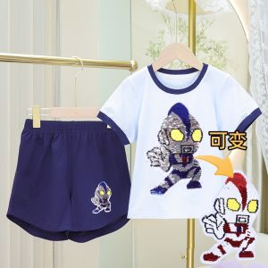 [3-9 years old] Flip Sequins Cartoon Cotton Children Kids Short Sleeves & Shorts Set
