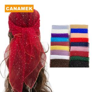【CANAMEK】 Trendy Rhinestone Square Silk Scarf Thin Light Breathe Headscarf Temperament Solid Color Silk Scarf Versatile Headwear