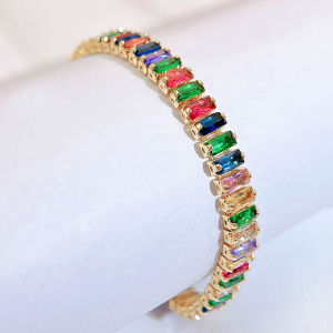 SEQUITO Fashion Costume Jewellery Inlay Multicolor Baguette Cut AAAAA Cubic Zirconia Gold Color Silver Plated Personality Women Pageant Bracelet Bangle B301
