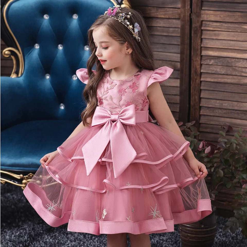 2-10 Years Old Girl's Clothing Summer Lace Princess Dress Party Cake  Layered Tutu Dresses Baby Girls Clothes Mini Skirrt Pink Embroidery Ball  Gowns