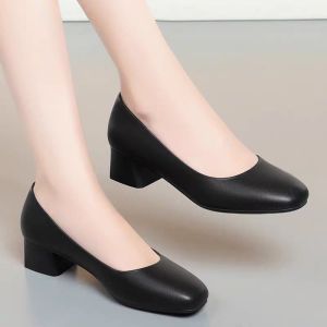 Free Shipping Black Professional Commuter Soft Leather Block Heel Square-Toe Flight Attendant Work Shoes Business WomenS Leather Shoes Single Shoes WomenS Shoes Formal Shoes