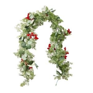 SKJK Eucalyptus Berries Christmas Garland Red Color Berries 5.9-Foot Length Holiday Vine Garland Indoor Outdoor Wreath Plastic Christmas Eucalyptus Wreath Front Door Decor