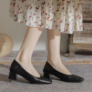 Free Shipping Super Soft!Soft Leather Mid-Heel Shallow Toe Square Toe Chunky Heel Nude-Colored Shoes Suitable For Wearing With A Cheongsam Work Shoes And For Commuting