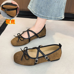 Free Shipping 2026 New Retro Brown Two-Tone Criss-Cross Strap Ballet Flats With A Shallow Opening Small Bow And Non-Slip Sole Versatile For Students