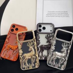 Ốp điện thoại trong suốt hình hoa và hươu đính đá lấp lánh cho iPhone 17 16 15 14 13 12 Pro Max bảo vệ mạ không khí vỏ mềm