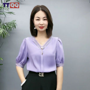 TTQQ Ladies V-neck Short-sleeved T-shirt Loose Top