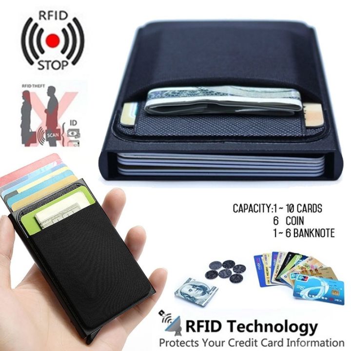 Slim Aluminum Smart Wallet With Elasticity Back Pouch ID Credit Card Holder  Mini RFID Wallet Automatic Pop up Bank Card Coin Case