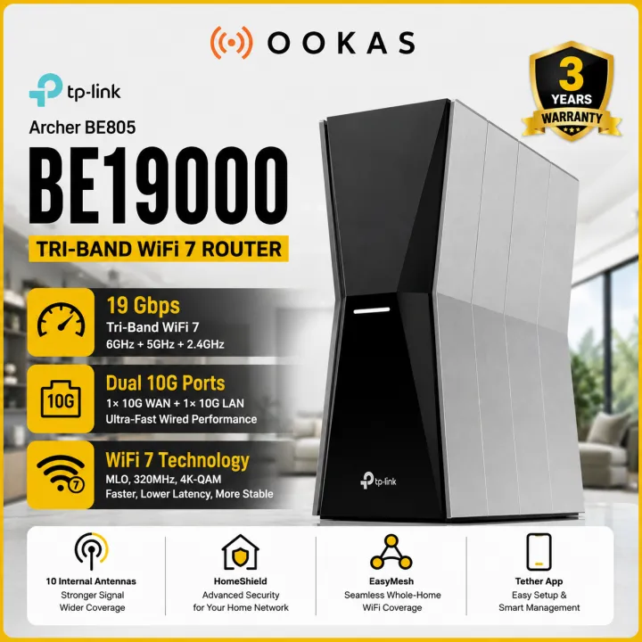 TP-Link Archer BE805 BE550 WiFi 7 BE19000 Tri-Band Wireless Mesh Router Dual 10G Ports, Easymesh, VPN Client & Server, 8x Antennas