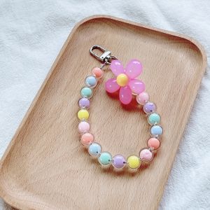 Phone Straps Chain INS Handmade Colorful Crystal Bead Mobile Phone Chain for Women Wrist Strap Keychain Cute Flower Mobile Phone Strap Lanyard Phone Wrist Strap Anti-Lost Telephone Lanyard Friends Gift