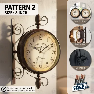 【 European Style Double-sided 】 Antique Wall Clock Industrial Iron Hanging Retro Bracket Garden Station Living Room Cafe 360° Rotating Indoor Outdoor Jam Dinding Besi Rumah