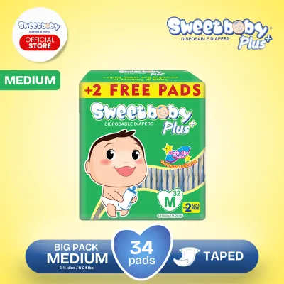 SWEETBABY PLUS- TAPED DIAPER - BIG PACK - MEDIUM - 32+2 PADS - DISPOSABLE DIAPER