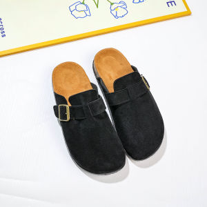 รองเท้าแตะแบบสวมผู้หญิง วัสดุหนังกลับ สูง 2.5cm. หัวมนแต่งสายคาดเข็มขัดที่หน้าเท้า ตัวรองเท้าทำจากไม้ก๊อก มีกันลื่น ไม่บีบเท้า มีสไตล์ #sy2037