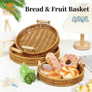 Woven Picnic Basket Tray Double Ear Wooden Rattan Handle Bread Tray Storage Fruit Food Plate