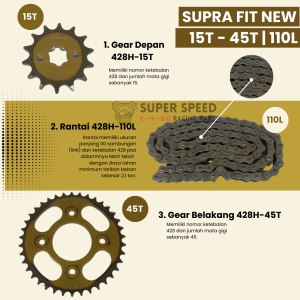 Gear Set Supra Fit New | Supra X125 | Karisma | Revo Lama Paket Lengkap Gir Depan 15T Belakang 45T Panjang 110L Rantai 428H High Tension