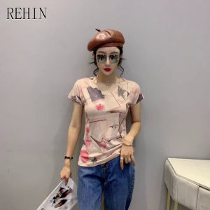 REHIN Womens top summer new fashion unique print short-sleeved cotton T-shirt bottoming shirt S-3XL slim fit blouse