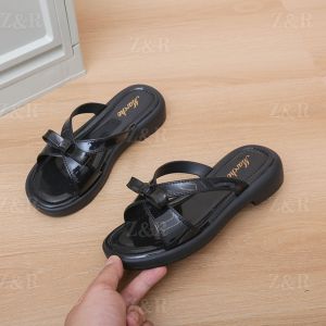 Z&R Store Beach French Style Open Toe Rubber Sandals Thick Platform Sole With Bow Knot Design For Womens Footwear