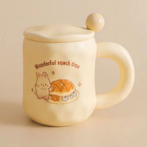 【SG Stock】3-piece set Ceramic mark cup with lid spoon Girl cute gift office breakfast coffee milk cup可爱早餐杯陶瓷马克杯带盖勺咖啡牛奶杯奶呼呼女生礼物