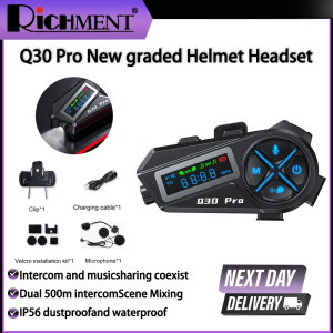 RICHMENT Q30Pro Motorcycle Helmet Bluetooth Intercom Headset FM Radio LED Lighting IP56 Waterproof Voice Assistant 500M Interphone