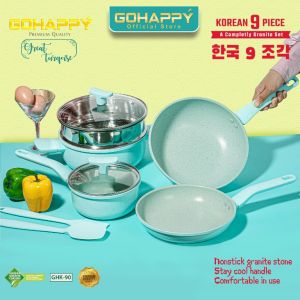 PANCI SET GOHAPPY Series Korean Granite 9 pcs warna Pink GHK90P Casserole Penggorengan Wok steamer fry pan milk pan dengan tutup kaca premium - Complately cookware set