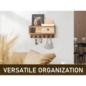 Multifunctional Behind The Door Hooks for Entryway Wall Mounted Key Holder Wood Key Holder Organizer Wall Mounted House Key Holder for Wall with Mail Storage Basket Organizer with 6 Sturdy Wall Hooks and Wooden Key Rack Hooks Organizer