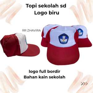 Topi sd logo biru full bordir belakang perekat
