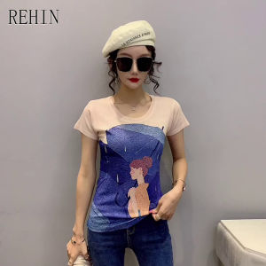 REHIN Womens T-shirt New Summer unique pattern print short sleeve shirt cotton round collar t-shirts slim fit  S-3XL tops