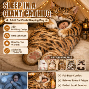 Adult Plush Cat Sleeping Bag Winter Warm Cozy Furry Sleeping Bag Soft Fluffy Cute Cat Design Sleep Sack