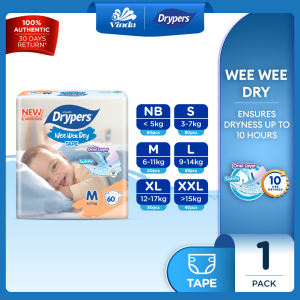 Drypers Wee Wee Dry Baby Tape Diapers NB60/ S80/ M60/ L58/ XL50/ XXL40 (1 Pack) - Super Dry Soft & Fit