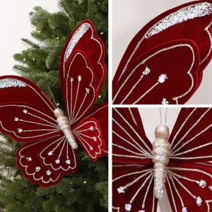 WXUZGC168 Velvet Material Christmas Butterfly Ornament Faux Flannel Texture Large Size Large Festive Butterfly Glitter Coated Butterfly Tree Hanging Decor Christmas Tree Decor
