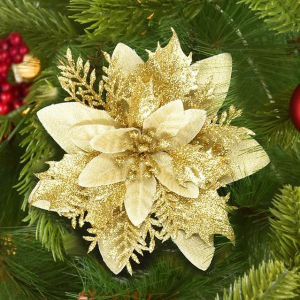 【Free Clips】5Pcs 14cm Glitter Artificial Christmas Flowers Xmas Tree Ornaments Merry Christmas Decorations for Home New Year Gift