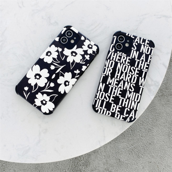 Painted Lambskin Black Bottom Flower Silicone Case For iPhone 13