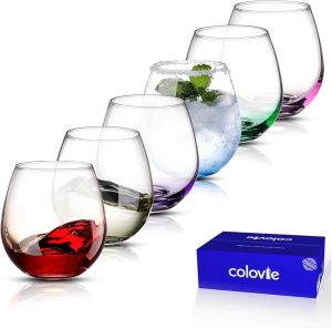 ColoVie Martini Glasses Set of 6 - Cocktail Glasses - 8oz Stemless Margarita Bar Dessert Glass - Colored Liquor Drinking Glassware - Cosmo Manhattan Espresso Martini - Cocktail Party Gift for Her