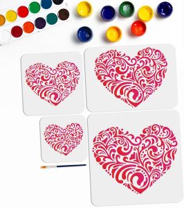 MAYJOYDIY 4pcs Pattern Heart Stencil 6~11.8inch Mandala Heart Small & Large Sizes Love Heart Template with Paint Brush Reusable Floral Heart Painting Stencil for Walls Furniture Crafts Wood