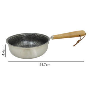 Mini Wood-Grain Handle Honeycomb Frying Pan Hanging Loop Stainless Steel Frying Pan Flat Base Stainless Steel Skillet Food-Grade 13CM Honeycomb