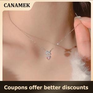 【 CANAMEK 】 Crystal Zircon Bowknot Heart Pendant Necklaces Pink Heart Ladies Girls Fashion Elegant Clavicle Chain For Women Jewelry