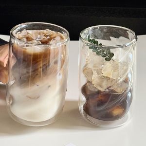 BAGUO(霸果) Transparent Double-Walled Coffee Cup Wave Shape Unique Spiral Tea Cup Creative Twist Design Glass Cup Household Use