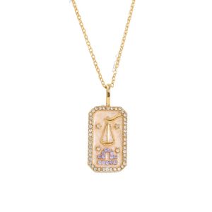 JPTD Zircon 12 Constellation Necklace Neck Jewelry Gold Plated Zodiac Pendant Necklace Fashion Square Card Retro Clavicle Chain