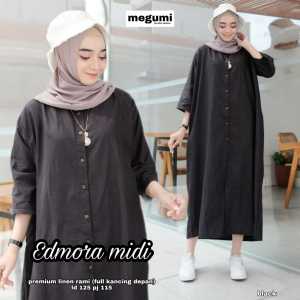 Midi Dress Model Kekinian Edmora Bahan Linen Premium Busana Fashion Wanita Terbaru
