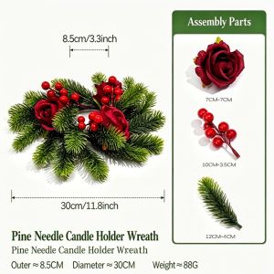 MZRTNZ 20cm Christmas Candlestick Wreath Handmade DIY Simulation Pine Branch Photography Props Rose Flower Red Berry Candle Wreaths New Year