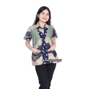 Kemeja Batik Wanita Bersaku / Kantong Couple Pria Kantor Seragam Dasi Hijau Batik Dua Putri