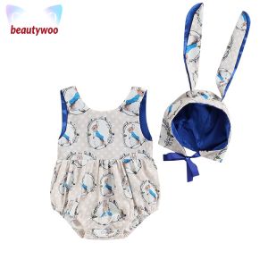 Beautywoo】ชุดเสื้อผ้าสำหรับเด็กแรกเกิดเด็กผู้หญิงชุดรอมเปอร์แขนกุดพิมพ์ลายการ์ตูนกระต่ายอีสเตอร์สีพื้นหมวกผูกหูสวมใส่สบายสำหรับฤดูร้อน